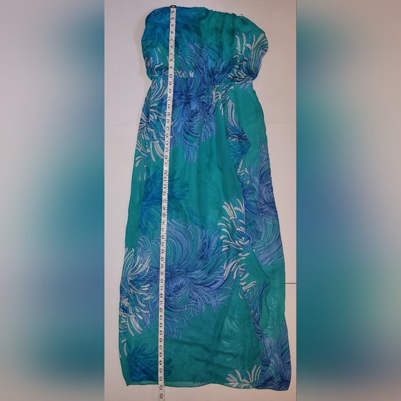 Bisou Bisou Strapless Blue and Teal Big Floral Print High Side Slit Maxi Dress - Picture 6 of 11